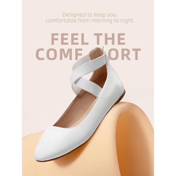 Dream Pairs Women White Faux Suede Flats Comfortable Elastic Ankle Straps Shoes - Picture 3 of 8